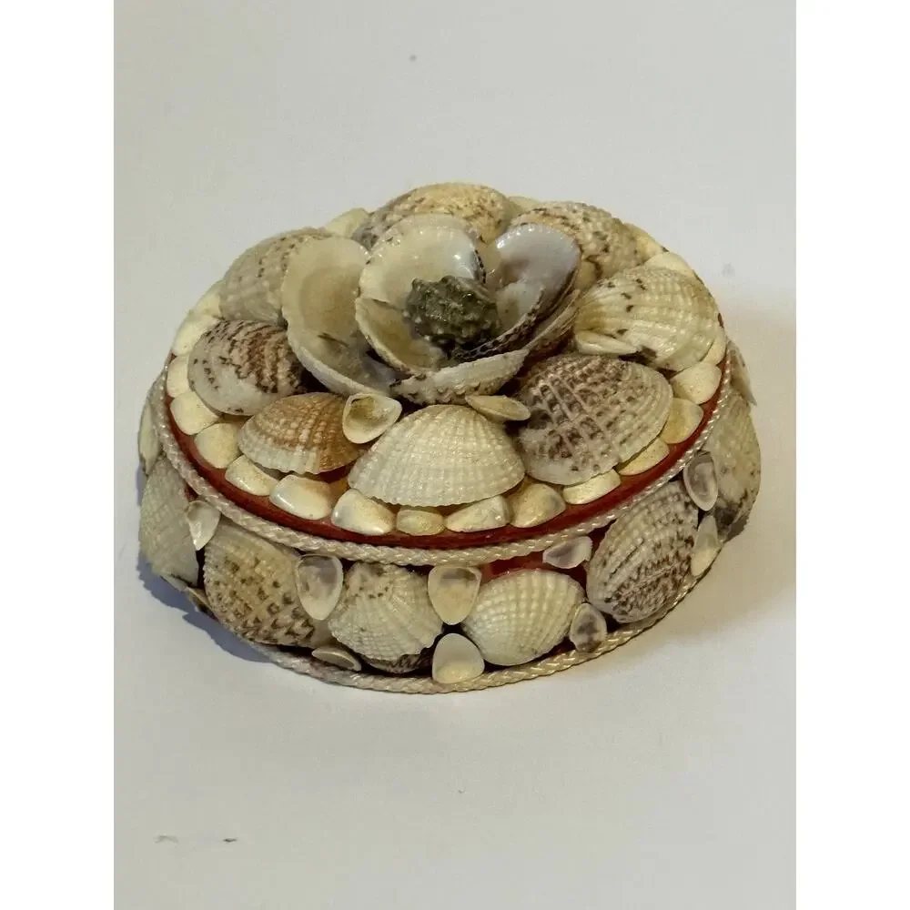 Vintage Seashell Round Trinket Box Red Lined Boho Beach Decore Small Flaws